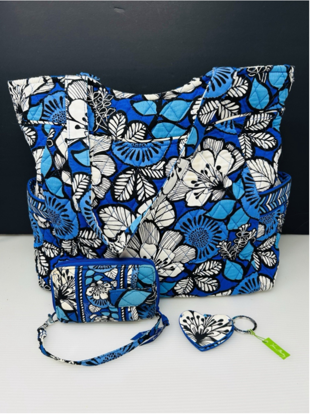 Vera Bradley Glenna Shoulder Bag Tote Quilted, Blue Bayou, Wristlet & Key Chain